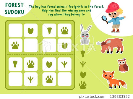 Vector forest animals sudoku and matching puzzle for kids with pictures. Woodland quiz. Nature activity with fox, owl, hare, elk and their footprints or traces. Draw missing object. What is missing Vector forest animals sudoku and matching puzzle for kids with pictures. Woodland quiz. Nature activity with fox, owl, hare, elk and their footprints or traces. Draw missing object. What is missing 139883532
