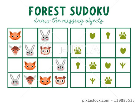Vector forest animals sudoku puzzle for kids with pictures. Woodland quiz. Nature activity with fox, owl, hare, elk heads and their footprints or traces. Draw missing object. Who is missing Vector forest animals sudoku puzzle for kids with pictures. Woodland quiz. Nature activity with fox, owl, hare, elk heads and their footprints or traces. Draw missing object. Who is missing 139883533