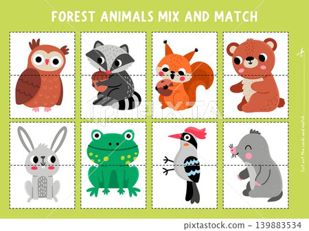 Vector forest animals and birds mix and match puzzle. Woodland matching activity for preschool kids. Wildlife printable game with owl, raccoon, squirrel, bear, hare, frog, mole Vector forest animals and birds mix and match puzzle. Woodland matching activity for preschool kids. Wildlife printable game with owl, raccoon, squirrel, bear, hare, frog, mole 139883534