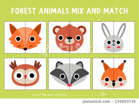 Vector forest animals and birds mix and match puzzle. Woodland matching activity for preschool kids. Wildlife printable game with owl, raccoon, squirrel, bear, hare, fox faces or heads Vector forest animals and birds mix and match puzzle. Woodland matching activity for preschool kids. Wildlife printable game with owl, raccoon, squirrel, bear, hare, fox faces or heads 139883536
