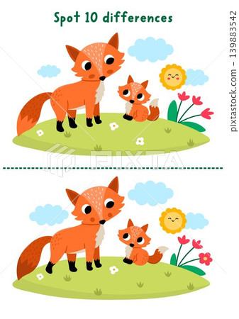 Forest find differences game for children with fox mother and baby on meadow. Woodland educational activity with animal. Puzzle for kids with cute scene. Printable worksheet, page Forest find differences game for children with fox mother and baby on meadow. Woodland educational activity with animal. Puzzle for kids with cute scene. Printable worksheet, page 139883542