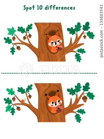 Forest find differences game for children with squirrel in oak tree hollow with acorn. Woodland educational activity with animal. Puzzle for kids with cute scene. Printable worksheet, page Forest find differences game for children with squirrel in oak tree hollow with acorn. Woodland educational activity with animal. Puzzle for kids with cute scene. Printable worksheet, page 139883543