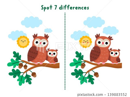 Forest find differences game for children with owl mother and baby on tree twig. Woodland educational activity with animal. Puzzle for kids with cute scene. Printable worksheet, page Forest find differences game for children with owl mother and baby on tree twig. Woodland educational activity with animal. Puzzle for kids with cute scene. Printable worksheet, page 139883552