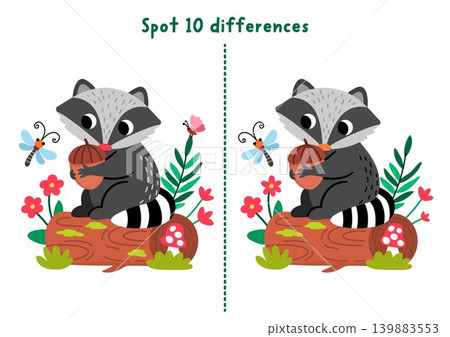 Forest find differences game for children with raccoon sitting on the log with acorn. Woodland educational activity with animal. Puzzle for kids with cute scene. Printable worksheet, page Forest find differences game for children with raccoon sitting on the log with acorn. Woodland educational activity with animal. Puzzle for kids with cute scene. Printable worksheet, page 139883553