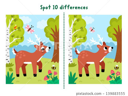 Forest find differences game for children with deer on meadow, trees, butterfly. Woodland educational activity with animal. Puzzle for kids with cute scene, landscape. Printable worksheet, page Forest find differences game for children with deer on meadow, trees, butterfly. Woodland educational activity with animal. Puzzle for kids with cute scene, landscape. Printable worksheet, page 139883555