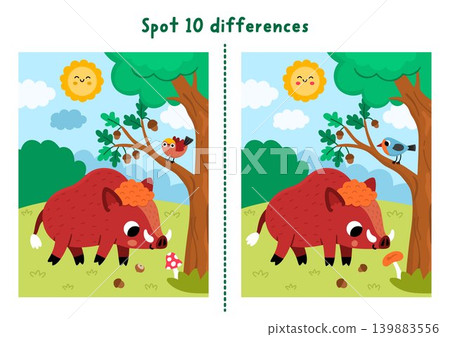 Forest find differences game for children with boar smelling mushroom. Woodland educational activity with animal. Puzzle for kids with cute scene, landscape. Printable worksheet, page Forest find differences game for children with boar smelling mushroom. Woodland educational activity with animal. Puzzle for kids with cute scene, landscape. Printable worksheet, page 139883556