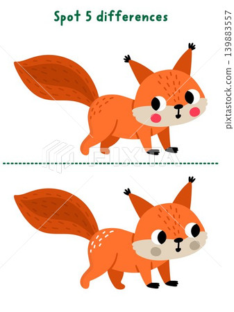 Forest find differences game for children with squirrel. Woodland educational activity with cute animal. Puzzle for kids with funny character. Printable worksheet, page for logic, attention Forest find differences game for children with squirrel. Woodland educational activity with cute animal. Puzzle for kids with funny character. Printable worksheet, page for logic, attention 139883557