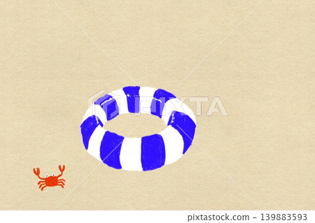 Summer greeting card illustration with a lifebuoy and crab on a Japanese paper background, horizontal composition, no text. 139883593
