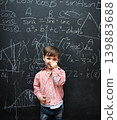 Child, boy and portrait with smile by blackboard with equations, numbers and education in classroom at school. Kid, student and happy for knowledge, learning and chalkboard with math and preschool 139883688