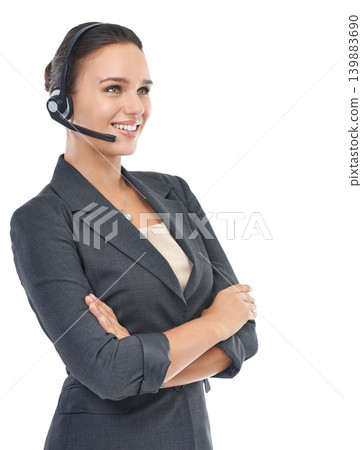 Businesswoman, headset and consultant in studio, customer service and crm on white background. Female person, call centre representative and tech support or assistant, contact and agent at helpdesk Businesswoman, headset and consultant in studio, customer service and crm on white background. Female person, call centre representative and tech support or assistant, contact and agent at helpdesk 139883690