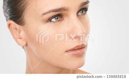 Woman, natural makeup and glow with vision for beauty, skincare and cosmetology in studio closeup. Female person, thinking or planning for flawless skin and moisturizing treatment on white background Woman, natural makeup and glow with vision for beauty, skincare and cosmetology in studio closeup. Female person, thinking or planning for flawless skin and moisturizing treatment on white background 139883818