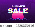 Retro synthwave summer sale vector banner with glitch typography and neon sunset 139883916