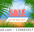 Summer sale discount banner with text written in sand, sea waves and palm leaves top view 139883917