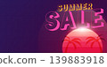Retro synthwave summer sale vector banner with neon sunset and palm trees 139883918