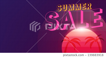 Retro synthwave summer sale vector banner with neon sunset and palm trees Retro synthwave summer sale vector banner with neon sunset and palm trees 139883918