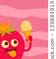 Cute cartoon strawberry character with crown holding ice cream cone on pink wavy background 139883919