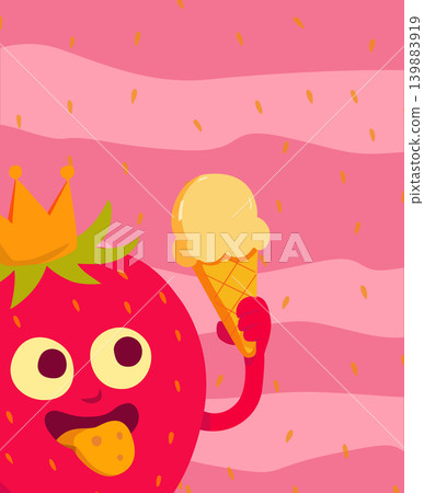 Cute cartoon strawberry character with crown holding ice cream cone on pink wavy background Cute cartoon strawberry character with crown holding ice cream cone on pink wavy background 139883919
