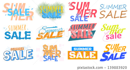 Set of colorful summer sale typography badges and discount labels isolated on white Set of colorful summer sale typography badges and discount labels isolated on white 139883920