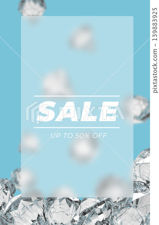 Modern sale discount banner with falling ice cubes and frosted glass effect on light blue background Modern sale discount banner with falling ice cubes and frosted glass effect on light blue background 139883925
