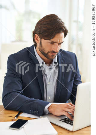 Desk, laptop and businessman typing, thinking and research notes for financial analyst in office. Consultant, business advisor or professional man writing report, email and planning ideas for startup Desk, laptop and businessman typing, thinking and research notes for financial analyst in office. Consultant, business advisor or professional man writing report, email and planning ideas for startup 139883967