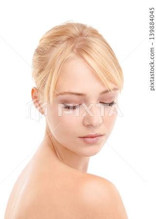 Face, skincare and woman with natural beauty, cosmetic care and peace on isolated white background. Clean skin, facial treatment and dermatology for healthy glow, wellness and hygiene in studio Face, skincare and woman with natural beauty, cosmetic care and peace on isolated white background. Clean skin, facial treatment and dermatology for healthy glow, wellness and hygiene in studio 139884045