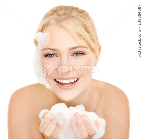 Skincare, portrait and happy woman with foam in studio for cleaning, cosmetics or wellness on white background. Face, soap or female model hands with beauty, treatment or facial, wash and application Skincare, portrait and happy woman with foam in studio for cleaning, cosmetics or wellness on white background. Face, soap or female model hands with beauty, treatment or facial, wash and application 139884087