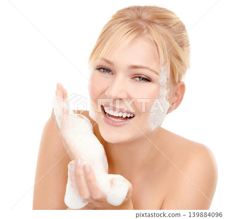 Female person, portrait and foam on face for skincare with glycerine, peptides and soap for clear skin. Woman, white background and fresh for beauty, hygiene and treatment for wellness and self care 139884096