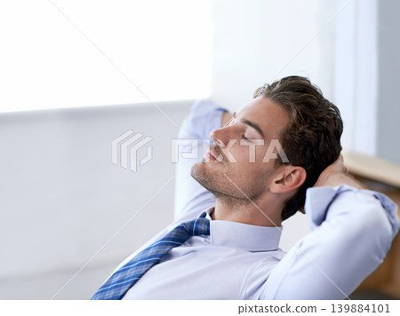 Man, eyes closed and calm breathing in office for stress management, relief and balance for peace while working. Businessman, relax and moment in workplace for wellness break for corporate work Man, eyes closed and calm breathing in office for stress management, relief and balance for peace while working. Businessman, relax and moment in workplace for wellness break for corporate work 139884101