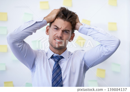 Portrait, stress and man with business, headache and employee with anxiety and pain. Face, person and worker with migraine or frustrated with burnout or depression with accountant, mistake or finance Portrait, stress and man with business, headache and employee with anxiety and pain. Face, person and worker with migraine or frustrated with burnout or depression with accountant, mistake or finance 139884137