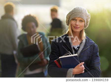 Student, woman and portrait with books outdoor, education and learning material in winter for studying. School, scholarship and university for academic growth, textbook or notebook with knowledge Student, woman and portrait with books outdoor, education and learning material in winter for studying. School, scholarship and university for academic growth, textbook or notebook with knowledge 139884159