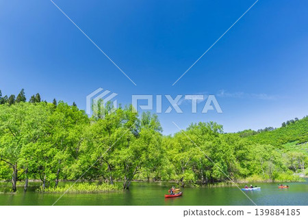 Lake Shirakawa in lush greenery and submerged forest; canoeing and the lake surface; Iide Town, Yamagata Prefecture Lake Shirakawa in lush greenery and submerged forest; canoeing and the lake surface; Iide Town, Yamagata Prefecture 139884185