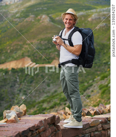 Happy man, portrait and hiker with binoculars and bag for sightseeing, outdoor travel or hiking in nature Young male person or tourist with hat, backpack or optical tool for view, scope or exploring Happy man, portrait and hiker with binoculars and bag for sightseeing, outdoor travel or hiking in nature Young male person or tourist with hat, backpack or optical tool for view, scope or exploring 139884207