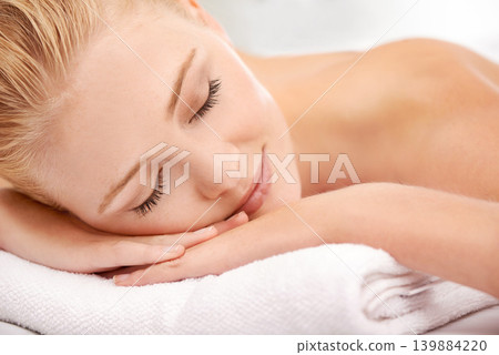 Relax, sleep and face of woman at spa for luxury holistic treatment, facial health and professional massage therapy. Self care, peace and refresh for girl on bed with body wellness, rest and hotel. Relax, sleep and face of woman at spa for luxury holistic treatment, facial health and professional massage therapy. Self care, peace and refresh for girl on bed with body wellness, rest and hotel. 139884220