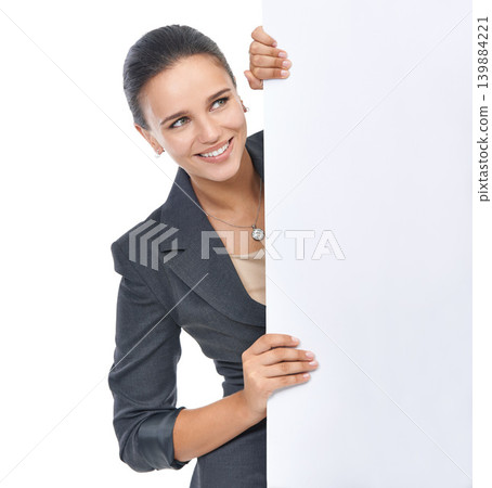 Business woman, white background and mockup space for advertising, promotion and poster banner. Professional female accountant, studio and billboard for sales, announcement and marketing board 139884221