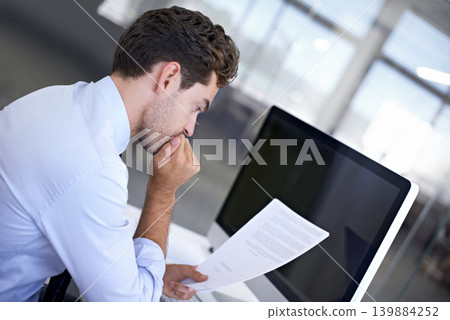Finance, business and man reading contract, feedback for compliance or legal document with company policy. Accountant, consultant or financial adviser with paperwork or review with a letter or report Finance, business and man reading contract, feedback for compliance or legal document with company policy. Accountant, consultant or financial adviser with paperwork or review with a letter or report 139884252