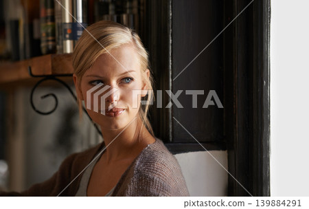 Thinking, relax and calm woman in a house with peaceful, memory or moment of reflection. Remember, insight and female person in a living room chilling, curious or enjoy vacation, saturday or vision Thinking, relax and calm woman in a house with peaceful, memory or moment of reflection. Remember, insight and female person in a living room chilling, curious or enjoy vacation, saturday or vision 139884291