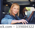 Woman, friends and map in car for road trip with happy direction, guide or information of location on a travel journey. Portrait of a driver or friends with safety, transport and ready for vacation 139884322