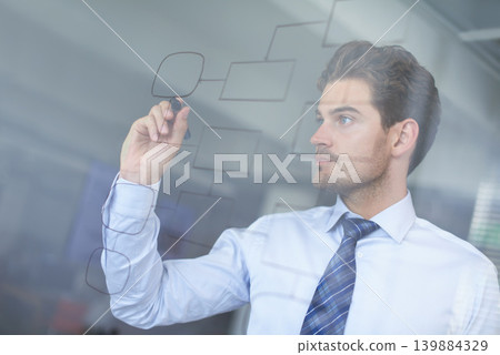 Businessman, writing and glass or brainstorming or mindmap for startup company, ideas or drawing. Male person, marker and notes for corporate strategy or problem solving, research or project planning Businessman, writing and glass or brainstorming or mindmap for startup company, ideas or drawing. Male person, marker and notes for corporate strategy or problem solving, research or project planning 139884329