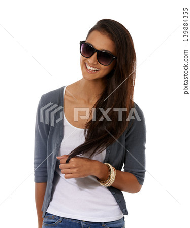 Studio, portrait and white background of woman with sunglasses, big smile and long hair. Indian model, gen z person and glow with trendy accessories for casual clothing, spring fashion and mock up Studio, portrait and white background of woman with sunglasses, big smile and long hair. Indian model, gen z person and glow with trendy accessories for casual clothing, spring fashion and mock up 139884355