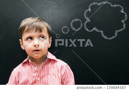 Child, boy and thinking with thought bubble on blackboard for creative idea, drawing and illustration in classroom. Student, kid and face with daydreaming, contemplating and question with chalkboard Child, boy and thinking with thought bubble on blackboard for creative idea, drawing and illustration in classroom. Student, kid and face with daydreaming, contemplating and question with chalkboard 139884387