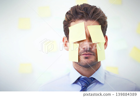 Businessman, face and sticky note as work reminder or company project deadline, schedule or problem. Male person, stress and post it or wall background with pressure or overwhelmed, memo or planning Businessman, face and sticky note as work reminder or company project deadline, schedule or problem. Male person, stress and post it or wall background with pressure or overwhelmed, memo or planning 139884389