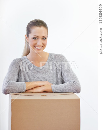 Portrait, moving and woman with a box, home and model isolated on a white studio background. Face, person and girl with property and real estate with renovation and achievement with package or parcel Portrait, moving and woman with a box, home and model isolated on a white studio background. Face, person and girl with property and real estate with renovation and achievement with package or parcel 139884409