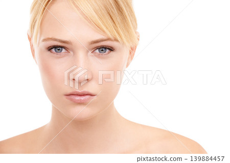 Face, beauty and portrait of woman in studio with natural, health and skincare routine. Wellness, cosmetic and female model from Australia with facial glow dermatology treatment by white background. Face, beauty and portrait of woman in studio with natural, health and skincare routine. Wellness, cosmetic and female model from Australia with facial glow dermatology treatment by white background. 139884457