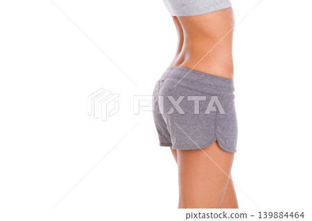 Closeup, behind and woman with fitness, health and model isolated on a white studio background. Person, mockup space and girl with sportswear and workout for wellness with progress and challenge Closeup, behind and woman with fitness, health and model isolated on a white studio background. Person, mockup space and girl with sportswear and workout for wellness with progress and challenge 139884464