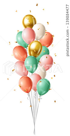 Colorful balloons and confetti floating up. Colorful balloons and confetti floating up. 139884477