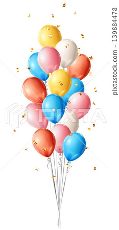 Colorful balloons flying up with confetti. Colorful balloons flying up with confetti. 139884478