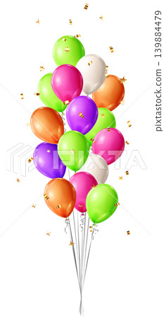 Colorful balloons floating up with confetti. Colorful balloons floating up with confetti. 139884479