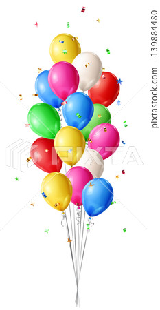 Colorful balloons and confetti floating. Colorful balloons and confetti floating. 139884480