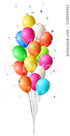 Colorful balloons and confetti floating up. Colorful balloons and confetti floating up. 139884481