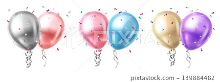 Colorful balloons and confetti floating. Colorful balloons and confetti floating. 139884482